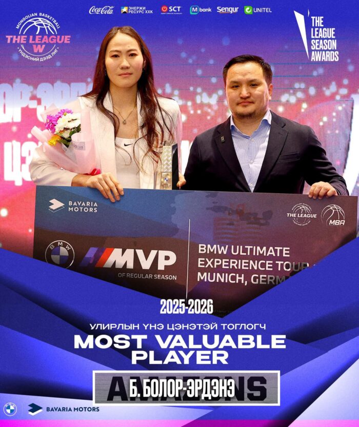 Б.Болор-Эрдэнэ Эмэгтэй Үндэсний Дээд Лигийн 2025-2026 оны улирлын 15 тоглолтод оролцохдоо 14.8 оноо 9.3 самбар 2.0 оновчтой дамжуулалт 1.0 хаалт 1.4 бөмбөг таслалт 52% довтолгооны гүйцэтгэл гэсэн статистикыг үзүүлжээ.